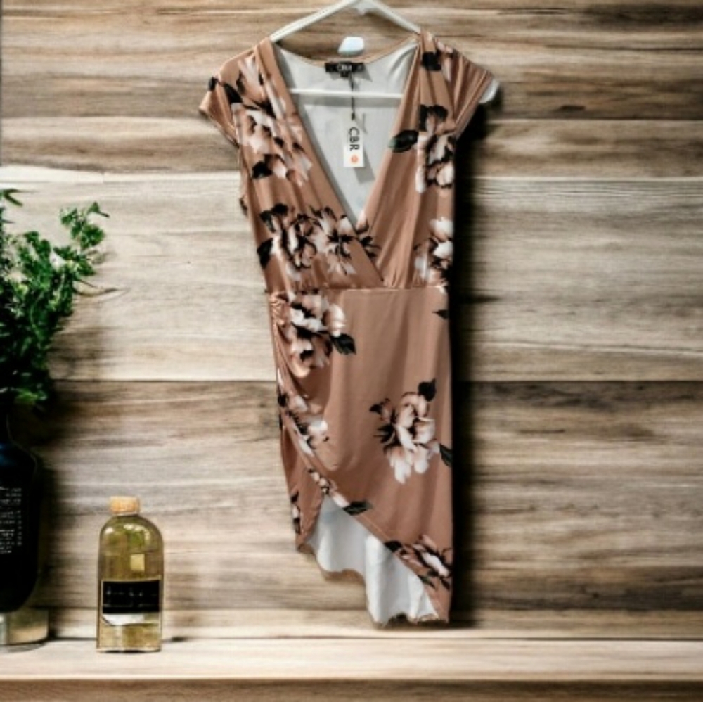 NWT CBR Tan floral deep V cotton polyester dress. Exclusive selection